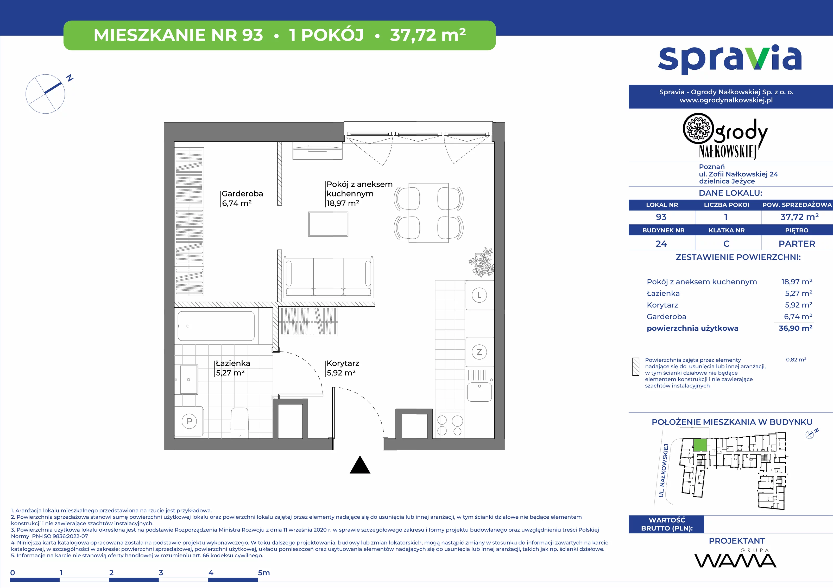 1 pokój, mieszkanie 37,72 m², parter, oferta nr 24-93, Ogrody Nałkowskiej, Poznań, Ogrody, ul. Nałkowskiej 24, 26